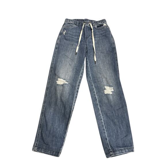 Aerie Elastic Waist Drawstring Distressed Jeans Medium Wash Jogger Fit Women XS - Picture 2 of 7